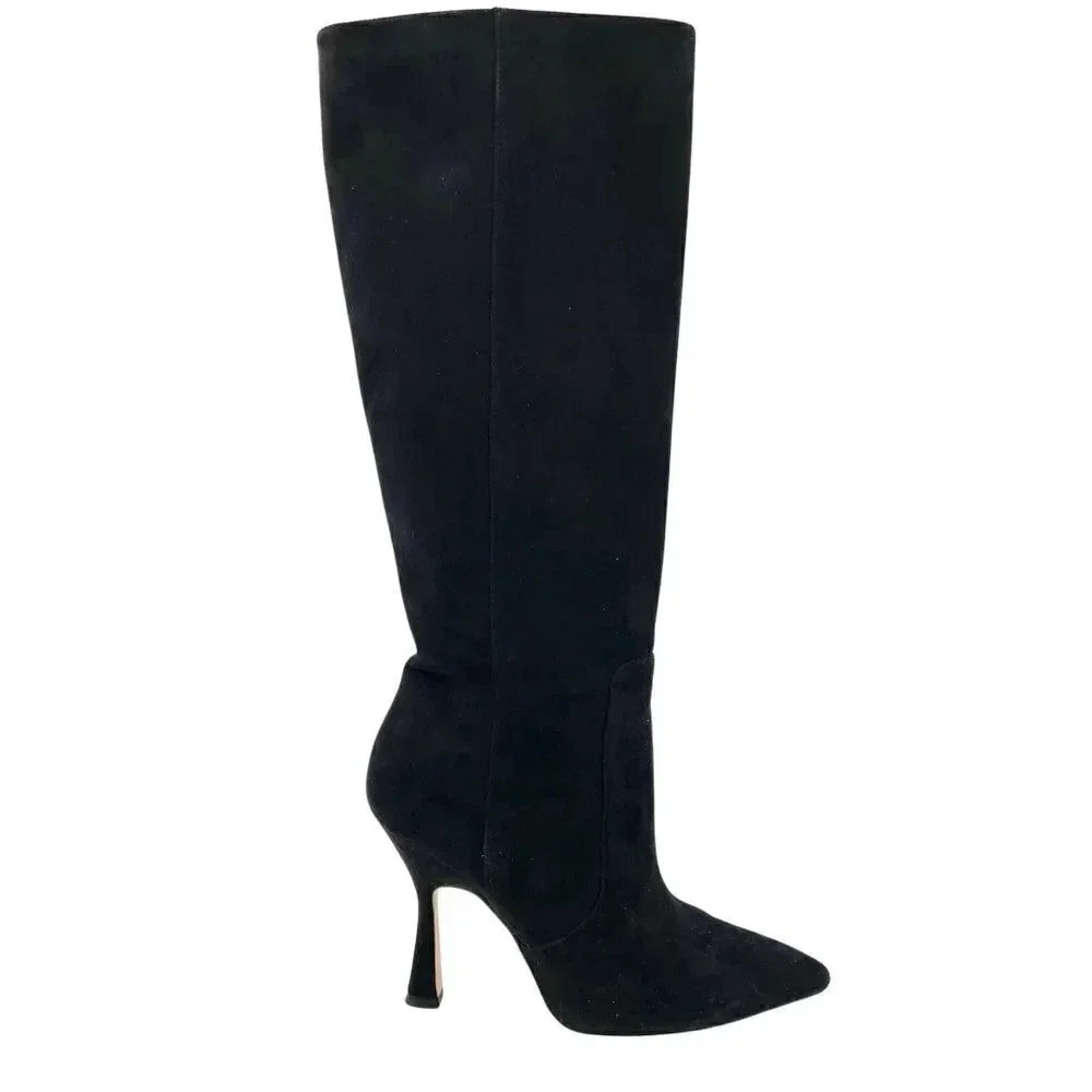 Stuart Weitzman Parton Suede Knee Boot Black Pointed Toe Slip On, EU 40.5 US 10B